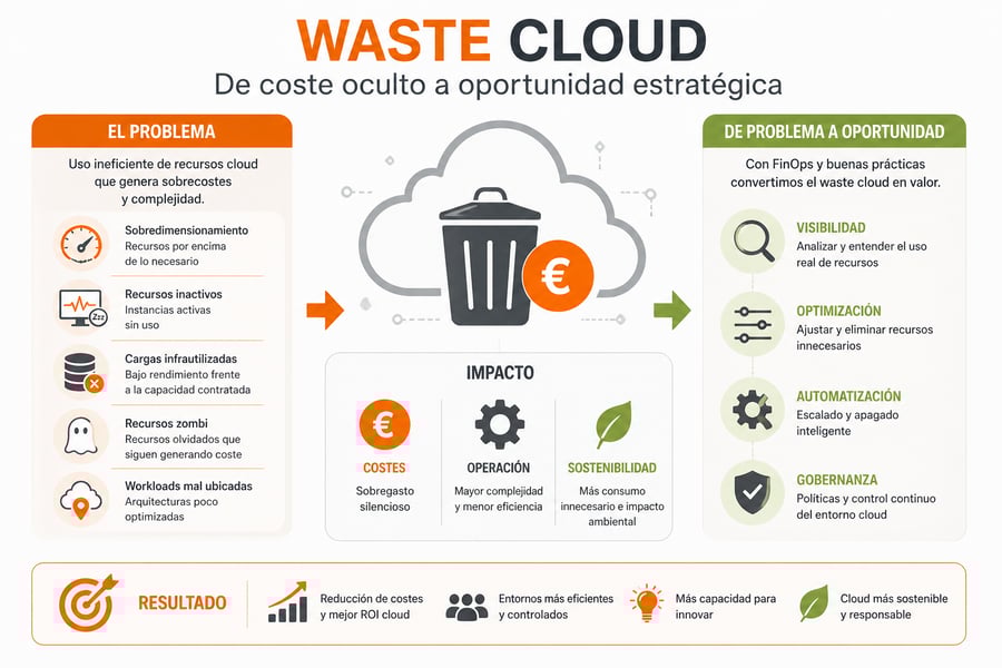 Infografía sobre Waste Cloud que muestra cómo las empresas pueden optimizar recursos, reducir el desperdicio y mejorar la eficiencia operativa mediante el análisis de datos y la transformación digital.