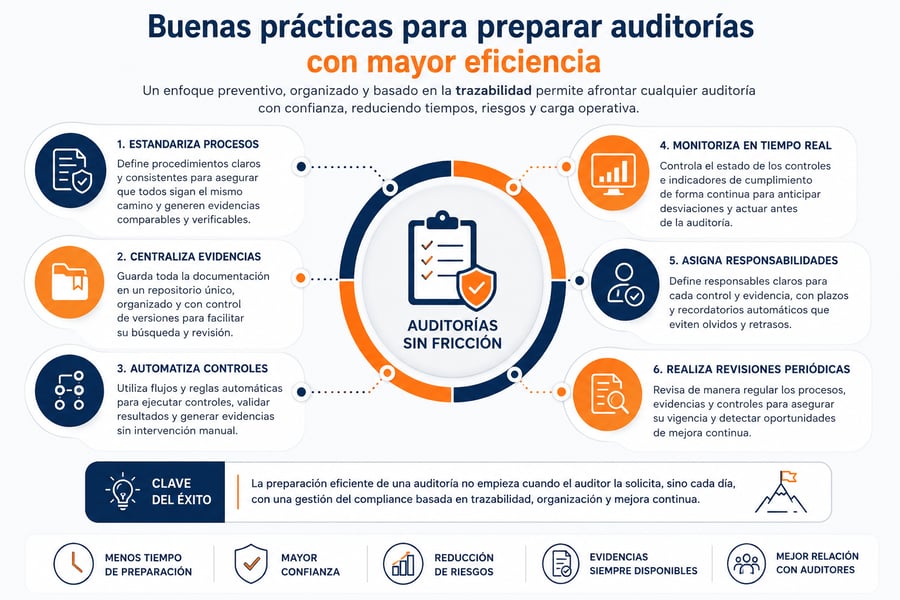 Infografía de buenas prácticas para preparar auditorías de compliance mediante trazabilidad, automatización de controles y gestión centralizada de evidencias.