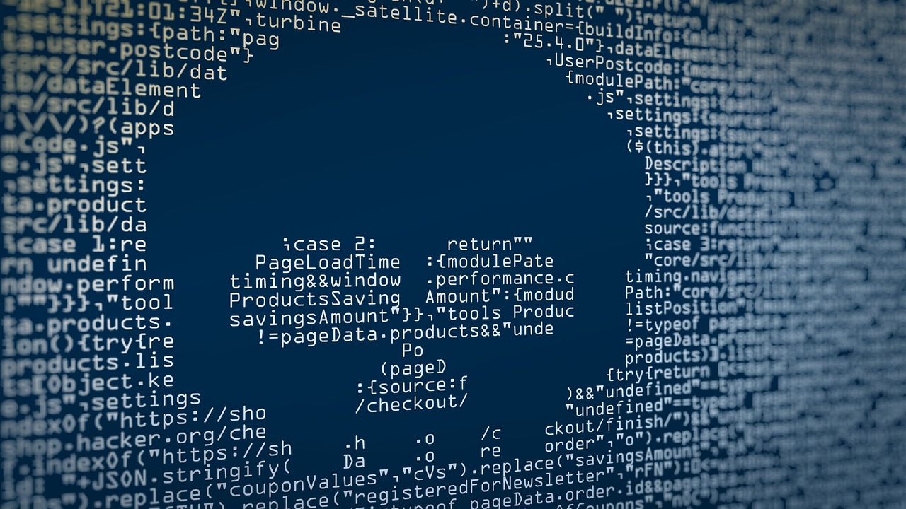 Calavera creada con código de programación representado un ataque informático